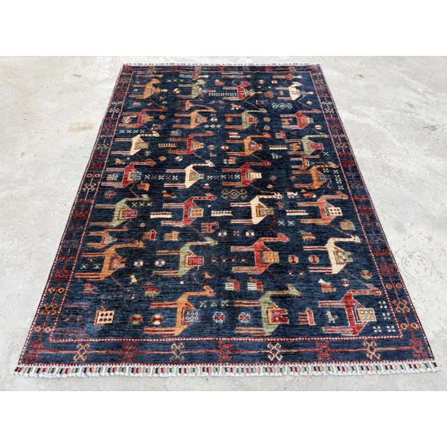 Tribal Navy Blue Hand Knotted Camel Caravan Pictorial Tribal Rug, 04'11 X 06'11 For Sale - Image 3 of 10