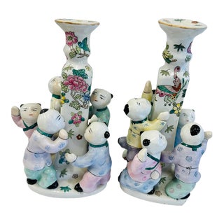 Vintage Chinese Porcelain Candle Holders Hand Painted in Macau - a Pair For Sale