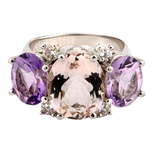 Christina Addison Medium 18kt White Gold Gum Drop Ring With Morganite and Amethyst and Diamonds
