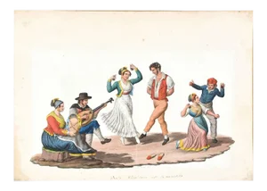 Tarantella - Original Watercolor by M. De Vito - 19th Century 1820 c.a.