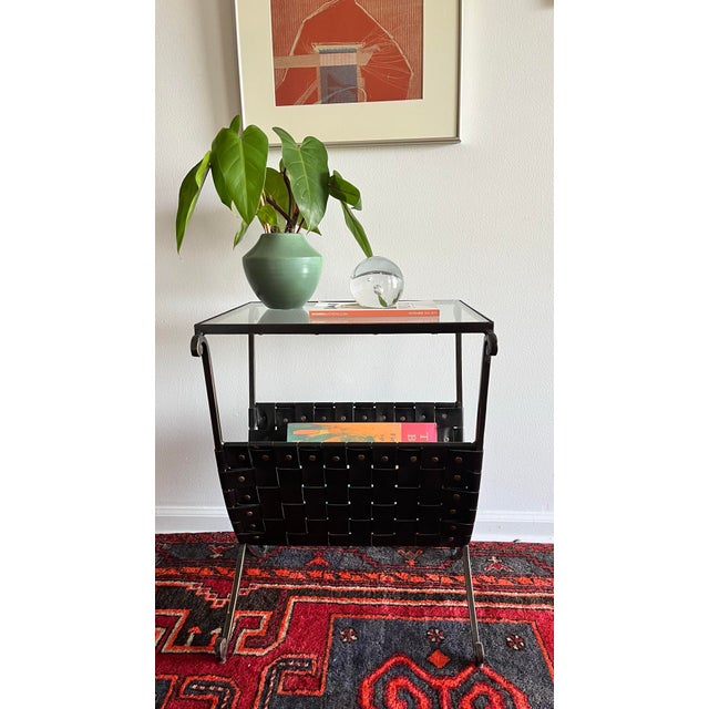 Contemporary 1980s Side Table /Magazine Rack Woven Faux Leather Glass Top For Sale - Image 3 of 9