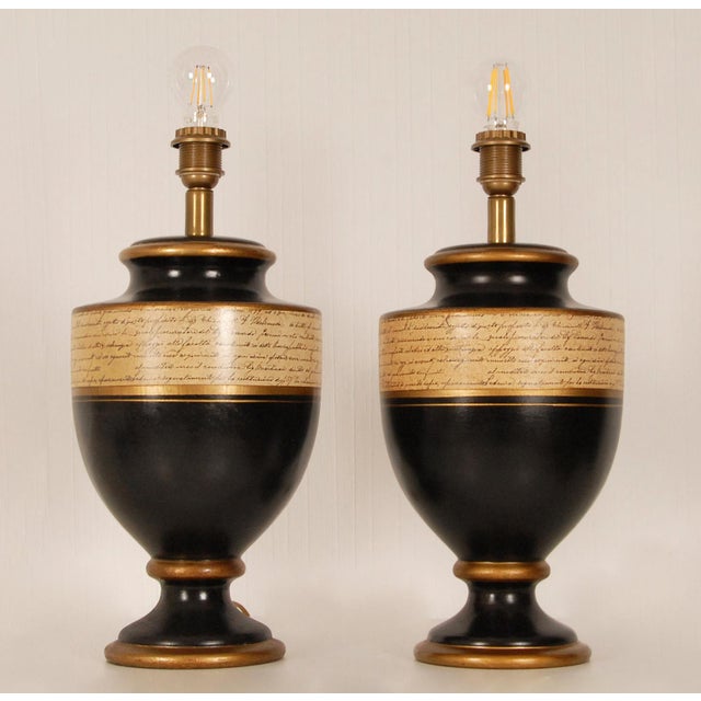 Carole Stupell Vintage French Table Lamp Black Gold Vase Lamps Ceramic a Pair For Sale - Image 4 of 11