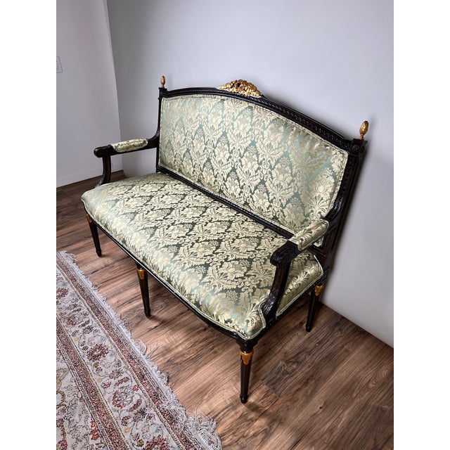 French Vintage Louis XVI Style Settee in Green Damask Upholstery 1 of 2 For Sale - Image 3 of 10