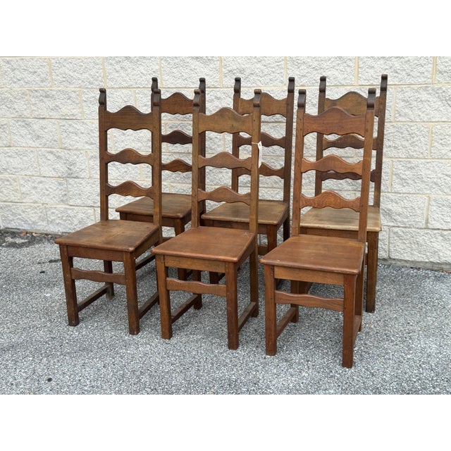 French Provincial 1940s French Provincial Oak Ladder-Back Dining Chairs - Set of Six For Sale - Image 3 of 13