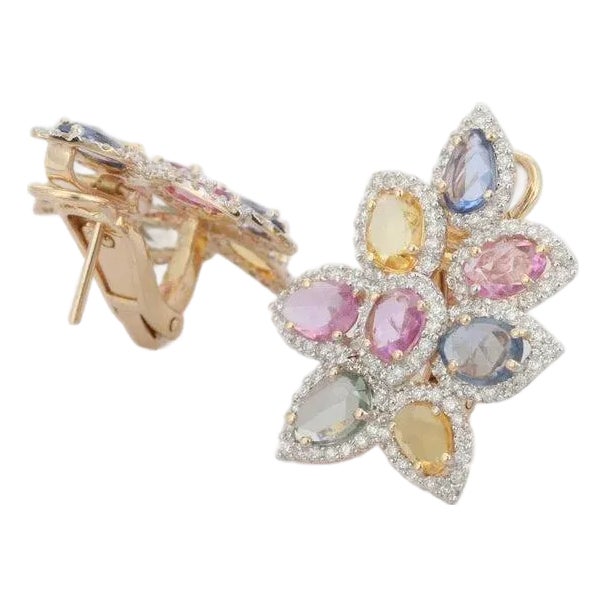 6.61ct Sapphire Rainbow Cluster Stud Earrings With Diamonds in 14k Yellow Gold- A Pair For Sale