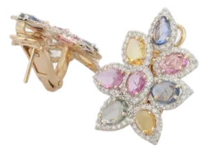 6.61ct Sapphire Rainbow Cluster Stud Earrings With Diamonds in 14k Yellow Gold- A Pair