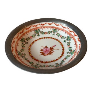 Vintage Japanese Pewter Encased Porcelain Bowl For Sale