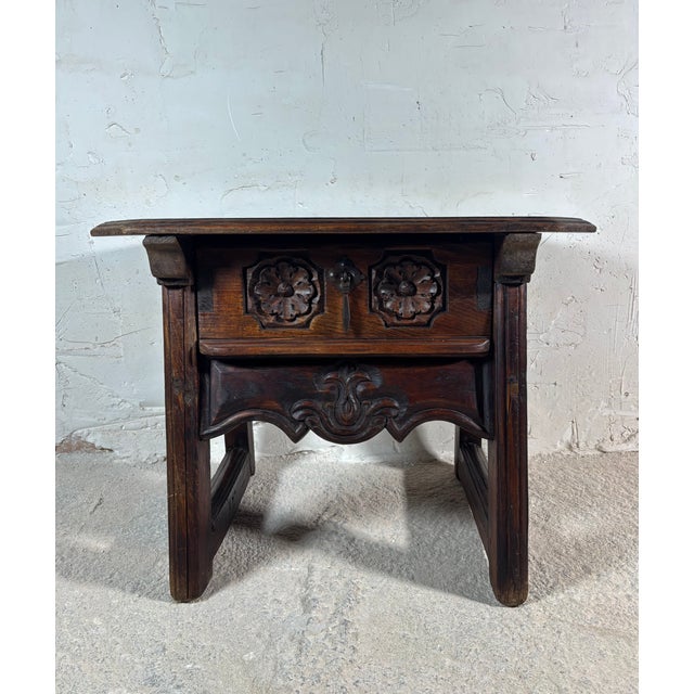 Rustic Spanish Castilian Carved Wood Side Table with Iron Hardware, 1910 For Sale - Image 3 of 15
