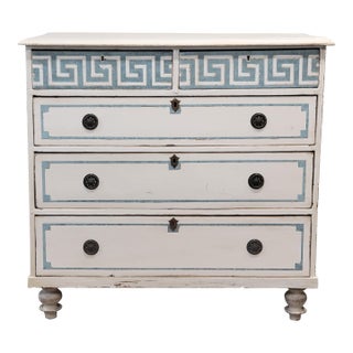 Antique English Pine Painted Dresser Chest of Drawers With Greek Key Motif For Sale