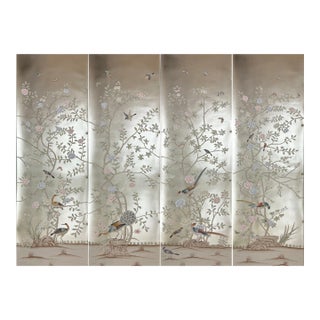 Silver Leaf Chinoiserie Hand-Painted Peacock & Floral Wall Panels (Set of 4) For Sale