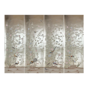 Silver Leaf Chinoiserie Hand-Painted Peacock & Floral Wall Panels (Set of 4)