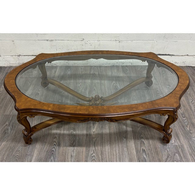 Vintage Karges Louis XV Style Hand Carved Walnut Glass Top Coffee Table For Sale - Image 11 of 14