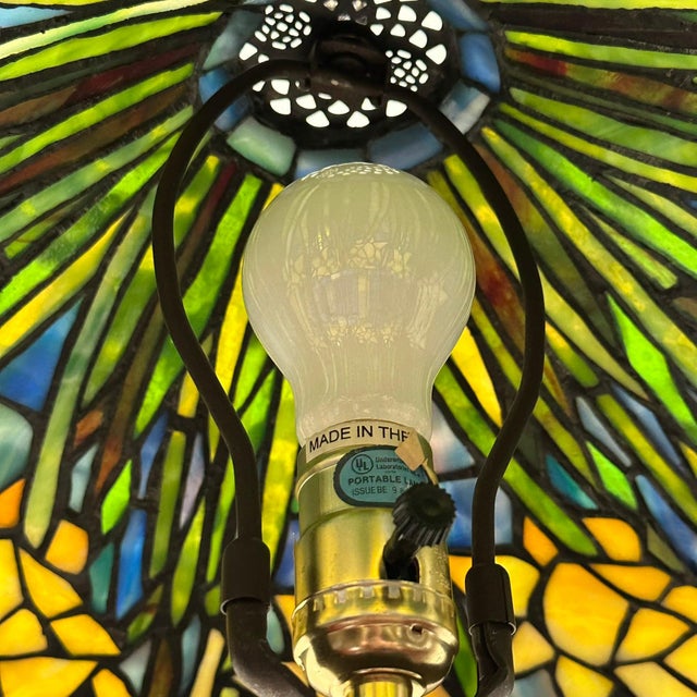 Vintage Tiffany Style Leaded Stained Glass Daffodil Table Lamp With Bronzed Fluted Base For Sale - Image 14 of 14