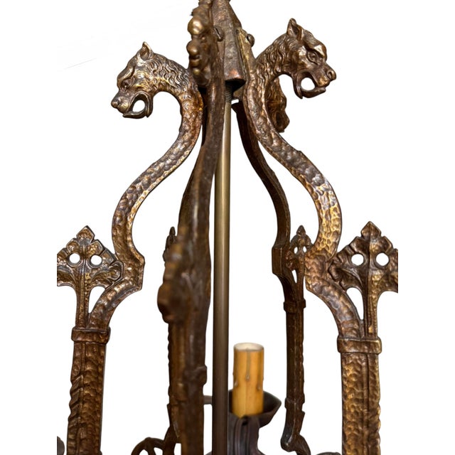 Early 20th Century Spanish Revival Gargoyle Chandelier in Bronze Original Patina For Sale - Image 4 of 12