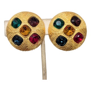 Vintage Signed Napier Round Goldtone Jewel Tone Rhinestone Clip Earrings-2 Pieces For Sale