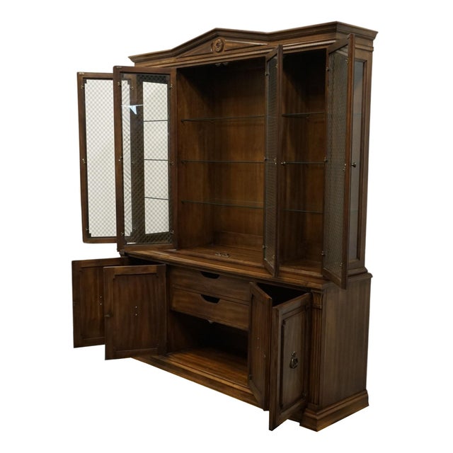 Davis Cabinet Company Davis Cabinet Co. Vintage Cherry Italian Neoclassical Tuscan Style 72" Buffet W. Lighted Display China Cabinet 827 828 For Sale - Image 4 of 12