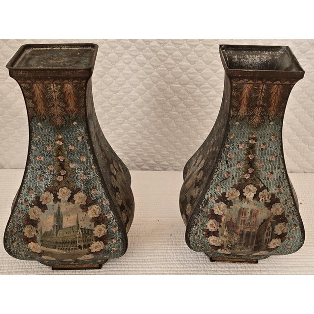 Victorian Pair of Antique European Toleware Floral Vases With Architectural Views For Sale - Image 3 of 5