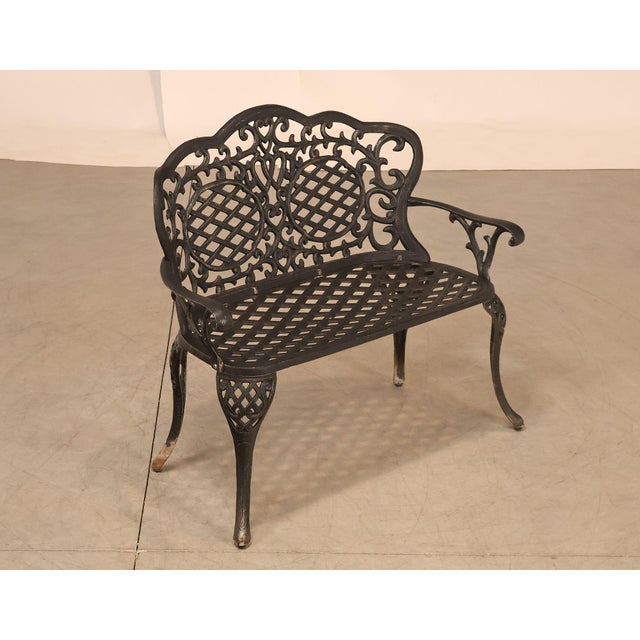 Quality American Made Cast Aluminum Garden Bench Featuring An Ornate Openwork Back With Lattice And Scroll Motifs. The...