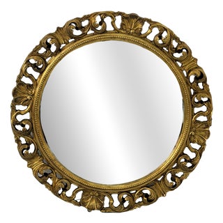 Large Circular Wall Mirror in Carved Gilded Wood, 1940s For Sale