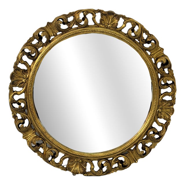 Large Circular Wall Mirror in Carved Gilded Wood, 1940s For Sale