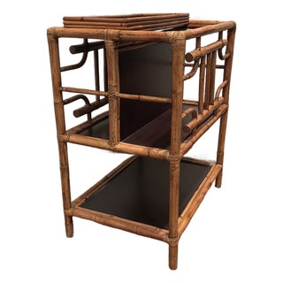 Vintage Faux Bamboo Bar Cart/Magazine Rack With Ebonized Wood Shelves For Sale