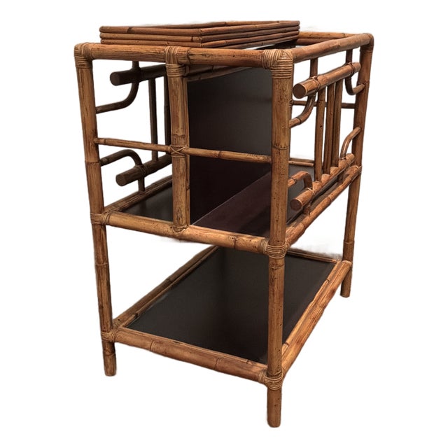 Vintage Faux Bamboo Bar Cart/Magazine Rack With Ebonized Wood Shelves For Sale