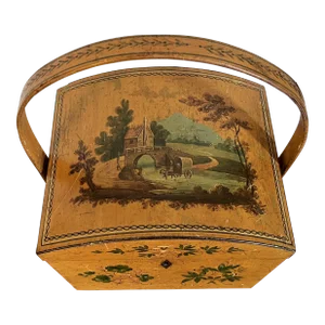 Antique Early 19th Century English Georgian Paint Decorated Pannier Sewing Box