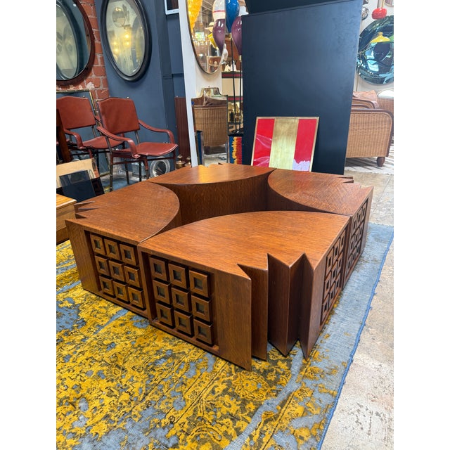 Rare Modular "Quadrifoglio" Coffee Table in Carved Oak by Giuseppe Rivadossi, 1970s For Sale - Image 4 of 10
