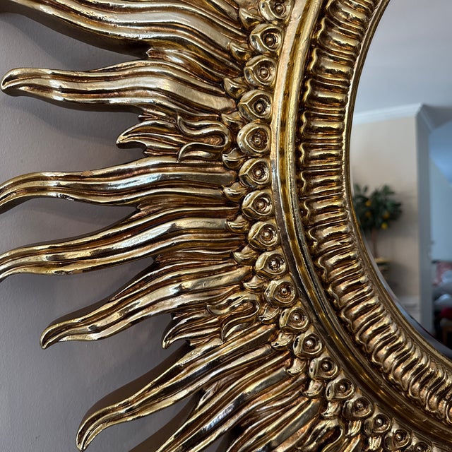 Vintage 1970s Gilded Gold Sunburst Wall Mirror – Hollywood Regency / MCM Accent For Sale - Image 4 of 10