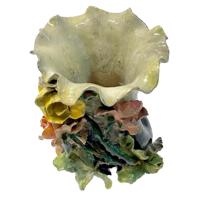 Antique French Barbotine majolica floral cachepot/vase with hole at the underside for drainage. Depicts three dimensional...