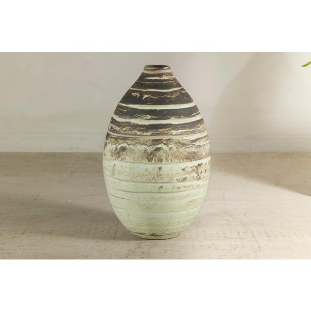 Large Artisan Ceramic Vase with Cream and Brown Striped Glaze For Sale - Image 9 of 12