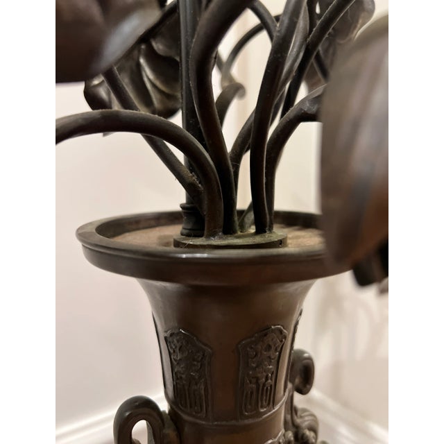 Large Scale Meiji Japanese Bronze Table Lamp W/ Floral Candelabra Mounts For Sale - Image 11 of 12