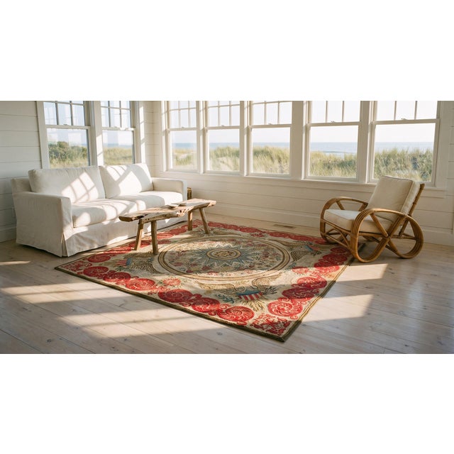 1920s Gray Classic Medallion Antique American Hooked Cotton Rug Square Carpet For Sale - Image 12 of 14