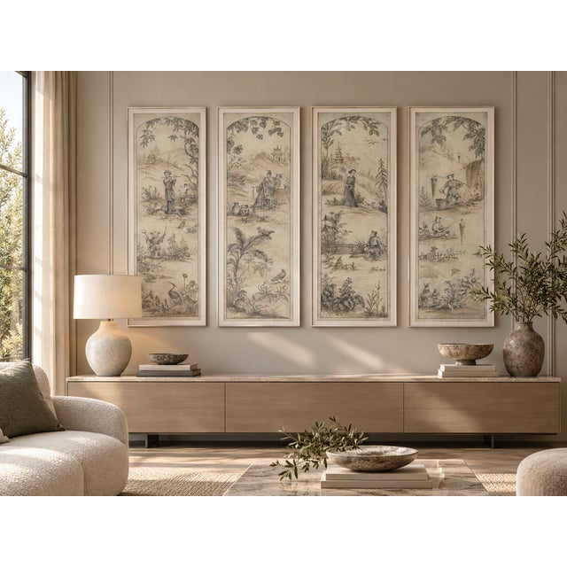 A Retro Chinoiserie-Style Gray-Toned Decorative Mural (Four-Panel Painting) For Sale - Image 14 of 14
