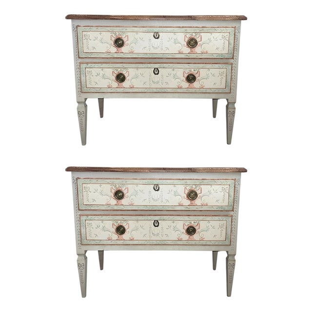 Pair of Early 20th C. Italian Neoclassical Style Commodes With Faux Marble Tops For Sale
