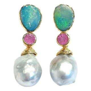 Bochic "Orient" Blue Opal, Pearl & Pink Ruby Earrings Set 18K Gold & Silver For Sale