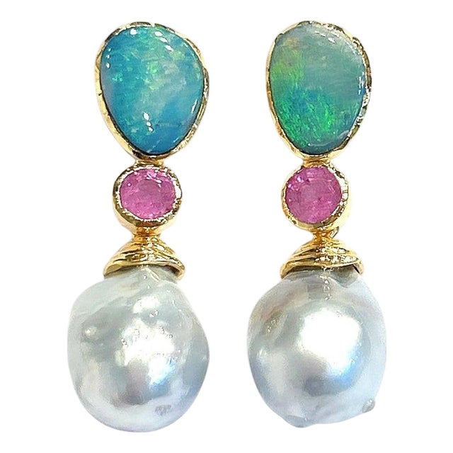 Bochic "Orient" Blue Opal, Pearl & Pink Ruby Earrings Set 18K Gold & Silver For Sale