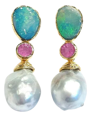 Bochic "Orient" Blue Opal, Pearl & Pink Ruby Earrings Set 18K Gold & Silver