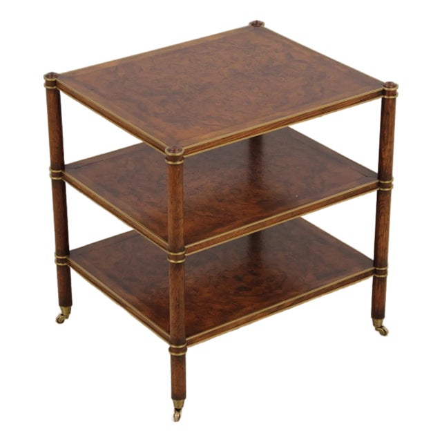 Henredon Burl Walnut 3 Tier Rolling Side Table Cart For Sale
