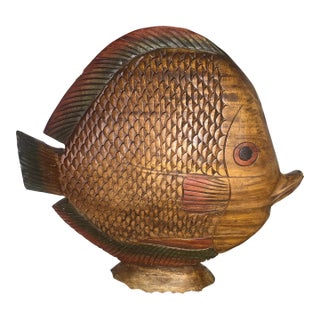 1970s Mid-Century Modern Hawaiian Tiki Style Hand-Carved Wood Tropical Fish Sculpture For Sale