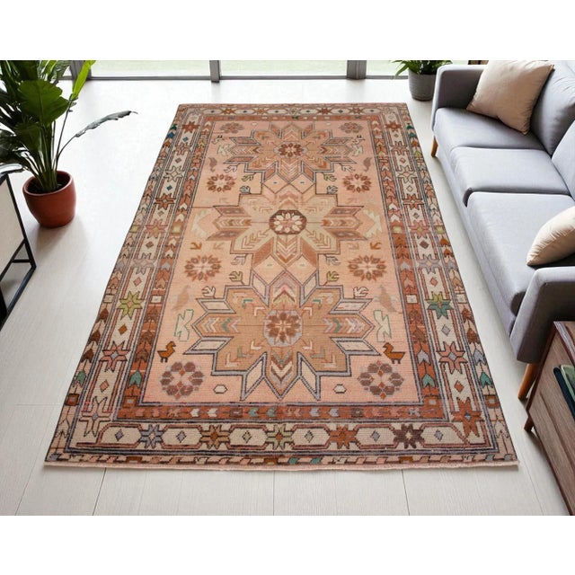 Turkish Distressed Turkish Rug Hand Knotted Vintage Oushak Area Rug - 4′ × 6′10″ For Sale - Image 3 of 13
