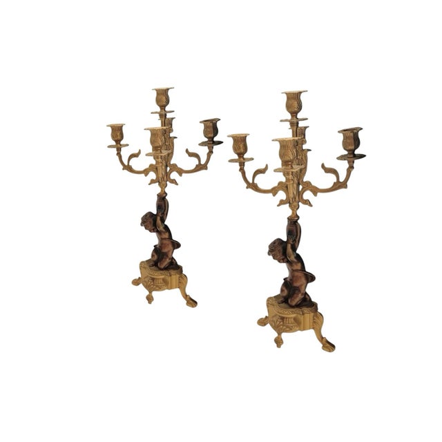 French Mid 20th Century Candelabra Pair Brass 4 Arms With Cherub Angel Figures Vintage French Decor For Sale - Image 3 of 9
