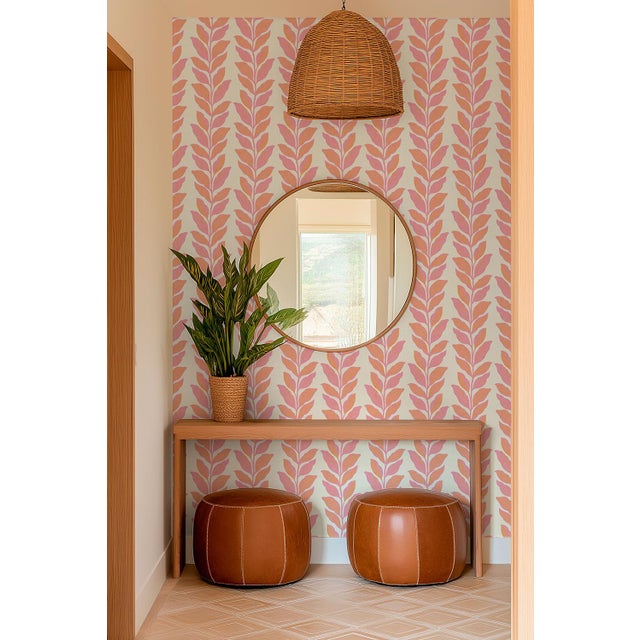 Garden Leaf Stripe Grasscloth Wallpaper by House Party | Blush Pink & Coral | 8 Yards For Sale In Charlotte - Image 6 of 7