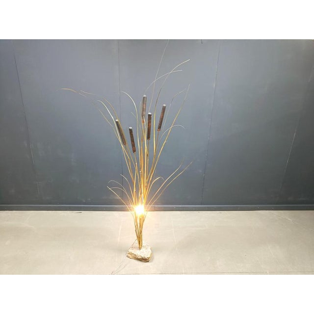 1970s Vintage Brass Cattail Floor Lamp attributed to Daniel Dhaeseleer, 1970s For Sale - Image 5 of 13