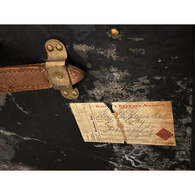 English Early 20th Century Antique Steamer Travel Trunk Brass Leather For Sale - Image 3 of 10