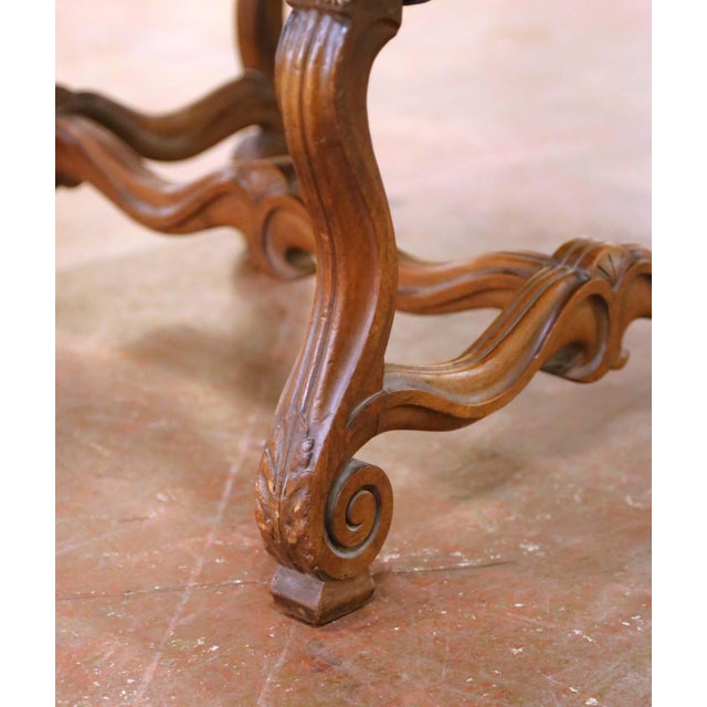 Pair of 19th Century French Louis XIII Walnut Armchairs With Embossed Leather For Sale - Image 12 of 14
