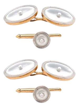 Art Deco Style 14 Karat Yellow Gold Mother of Pearl Cufflinks and Lapel Pin Set