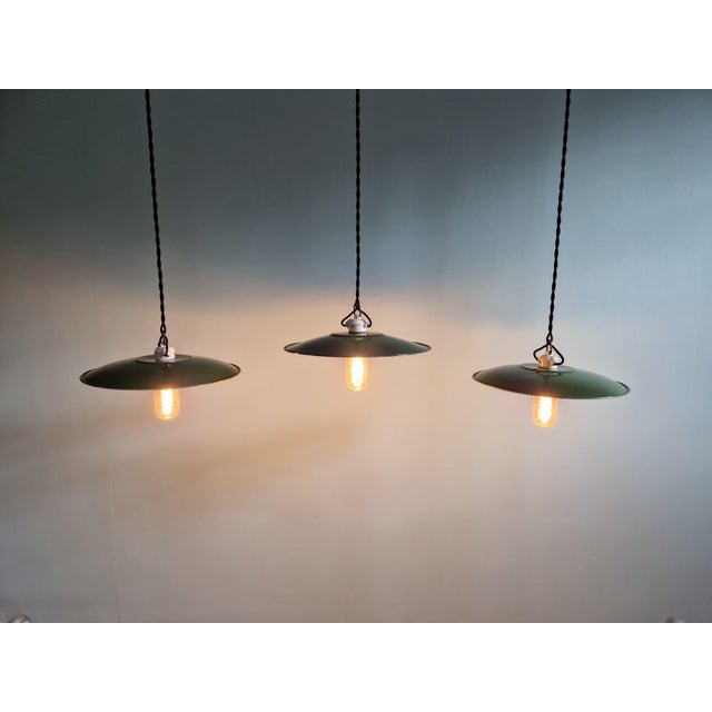 Vintage Industrial Pendant Lights in Green Enameled Sheet Metal and Porcelain, 1940s, Set of 3 For Sale - Image 4 of 18
