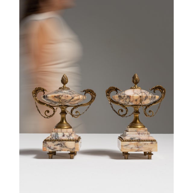 Pair of 19th Century French Rose Louis XVI Marble & Brass Cassolettes For Sale - Image 14 of 15