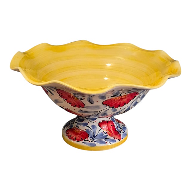 Yellow Footed Scalloped Edge Spanish Pottery Painted Enamel Poppies Center Piece Bowl For Sale - Image 8 of 8